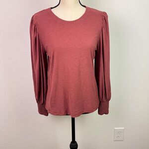 Nation LTD Women's Pima Cotton Top Red Clay Smocked Cuff Ballon Sleeves Medium